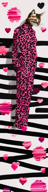 Cat bookmarks illustration of a cat in a pink leopard outfit on striped background